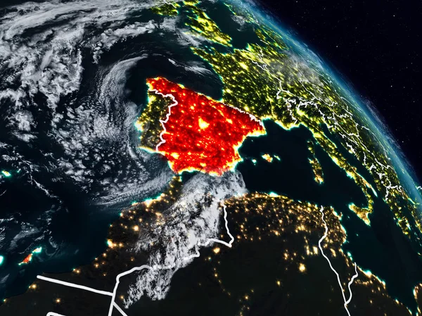 İspanya görünür ülke sınırları ile gece uzaydan. 3D çizim. Nasa tarafından döşenmiş bu görüntü unsurları.