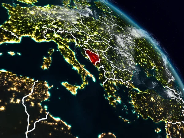 Bosna ve Hersek görünür ülke sınırları ile gece uzaydan. 3D çizim. Nasa tarafından döşenmiş bu görüntü unsurları.
