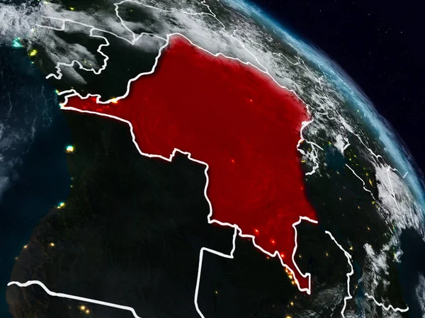 Demokratik Kongo Cumhuriyeti görünür ülke sınırları ile gece uzaydan. 3D çizim. Nasa tarafından döşenmiş bu görüntü unsurları.