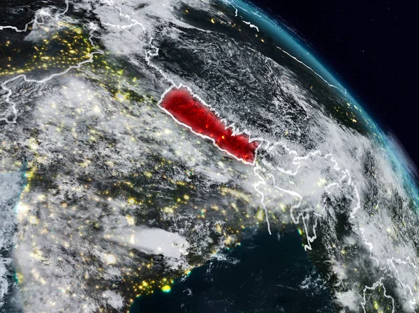 Nepal görünür ülke sınırları ile gece uzaydan. 3D çizim. Nasa tarafından döşenmiş bu görüntü unsurları.