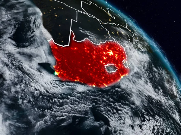 Güney Afrika görünür ülke sınırları ile gece uzaydan. 3D çizim. Nasa tarafından döşenmiş bu görüntü unsurları.
