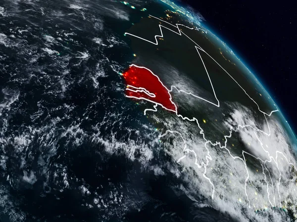 Senegal görünür ülke sınırları ile gece uzaydan. 3D çizim. Nasa tarafından döşenmiş bu görüntü unsurları.