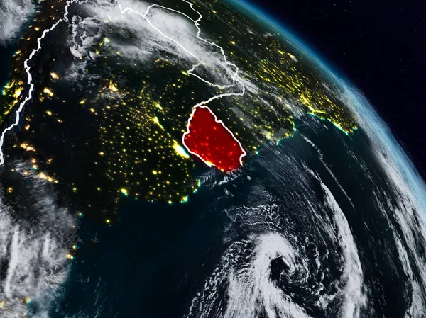 Uruguay görünür ülke sınırları ile gece uzaydan. 3D çizim. Nasa tarafından döşenmiş bu görüntü unsurları.