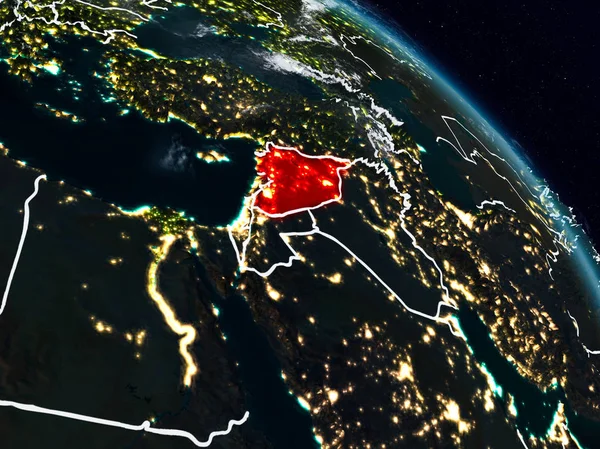 Suriye görünür ülke sınırları ile gece uzaydan. 3D çizim. Nasa tarafından döşenmiş bu görüntü unsurları.