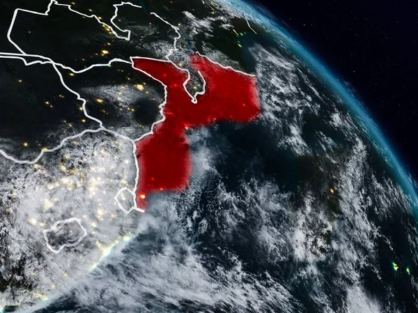 Mozambik görünür ülke sınırları ile gece uzaydan. 3D çizim. Nasa tarafından döşenmiş bu görüntü unsurları.