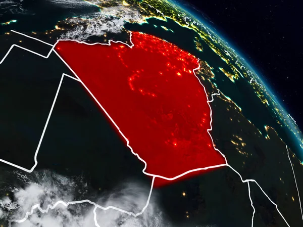 Cezayir görünür ülke sınırları ile gece uzaydan. 3D çizim. Nasa tarafından döşenmiş bu görüntü unsurları.
