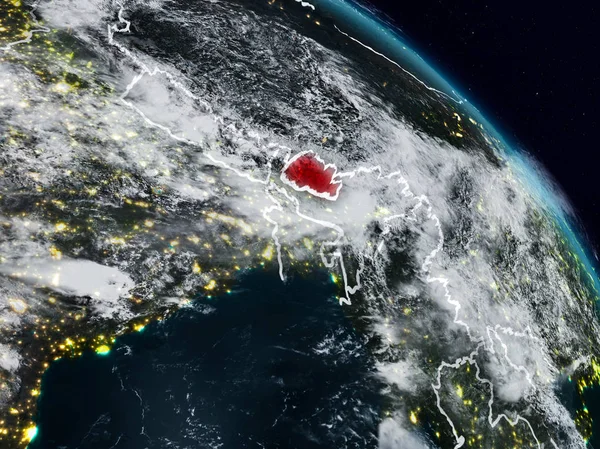 Bhutan görünür ülke sınırları ile gece uzaydan. 3D çizim. Nasa tarafından döşenmiş bu görüntü unsurları.