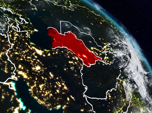 Türkmenistan görünür ülke sınırları ile gece uzaydan. 3D çizim. Nasa tarafından döşenmiş bu görüntü unsurları.