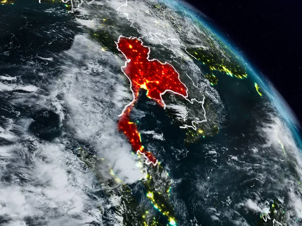 Tayland görünür ülke sınırları ile gece uzaydan. 3D çizim. Nasa tarafından döşenmiş bu görüntü unsurları.