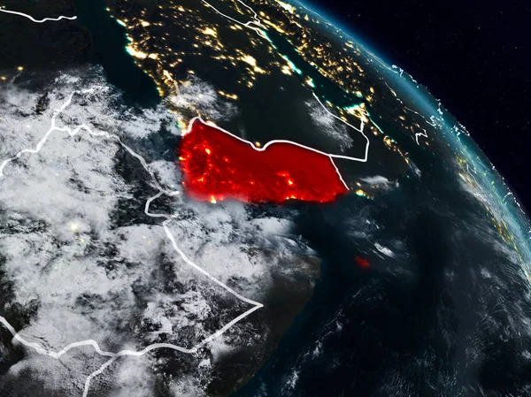 Yemen görünür ülke sınırları ile gece uzaydan. 3D çizim. Nasa tarafından döşenmiş bu görüntü unsurları.