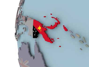 Papua Yeni Gine siyasi dünya üzerinde katıştırılmış bayrak ile. 3D çizim.