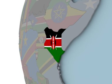 Kenya siyasi dünya üzerinde katıştırılmış bayrak ile. 3D çizim.