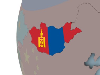 Moğolistan ile siyasi dünya üzerinde katıştırılmış bayrak. 3D çizim.