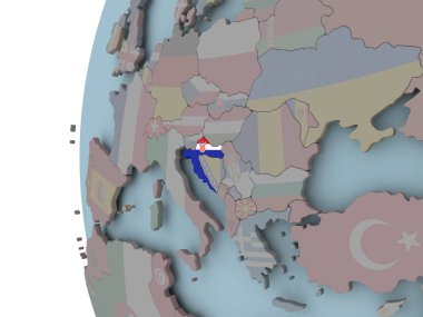 Hırvatistan siyasi dünya üzerinde katıştırılmış bayrak ile. 3D çizim.