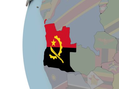 Angola siyasi dünya üzerinde katıştırılmış bayrak ile. 3D çizim.