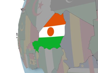 Nijer siyasi dünya üzerinde katıştırılmış bayrak ile. 3D çizim.