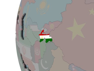 Tacikistan siyasi dünya üzerinde katıştırılmış bayrak ile. 3D çizim.