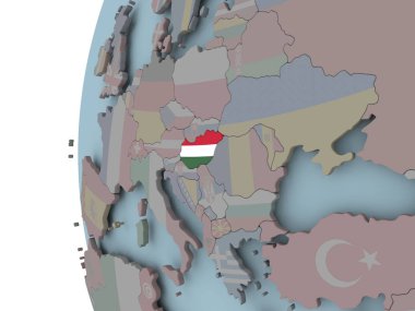 Macaristan siyasi dünya üzerinde katıştırılmış bayrak ile. 3D çizim.