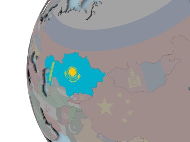 Kazakistan siyasi dünya üzerinde katıştırılmış bayrak ile. 3D çizim.