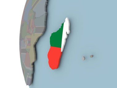 Madagaskar siyasi dünya üzerinde katıştırılmış bayrak ile. 3D çizim.