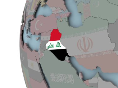 Irak siyasi dünya üzerinde katıştırılmış bayrak ile. 3D çizim.