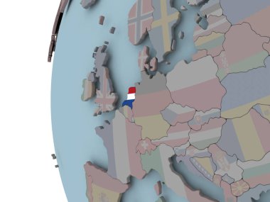 Siyasi dünya üzerinde katıştırılmış bayrağı ile Hollanda. 3D çizim.