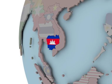 Kamboçya siyasi dünya üzerinde katıştırılmış bayrak ile. 3D çizim.