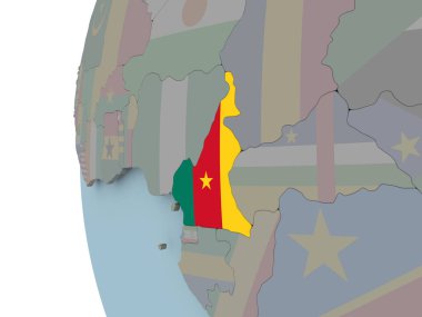 Kamerun siyasi dünya üzerinde katıştırılmış bayrak ile. 3D çizim.