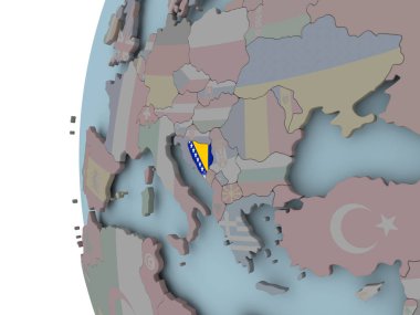 Bosna siyasi dünya üzerinde katıştırılmış bayrak ile. 3D çizim.