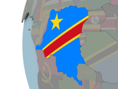 Demokratik Kongo Cumhuriyeti siyasi dünya üzerinde katıştırılmış bayrak ile. 3D çizim.
