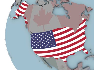 ABD siyasi dünya üzerinde katıştırılmış bayrak ile. 3D çizim.