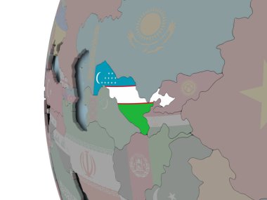 Özbekistan siyasi dünya üzerinde katıştırılmış bayrak ile. 3D çizim.