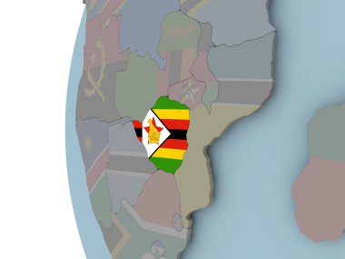 Zimbabve siyasi dünya üzerinde katıştırılmış bayrak ile. 3D çizim.