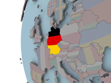 Almanya siyasi dünya üzerinde katıştırılmış bayrak ile. 3D çizim.