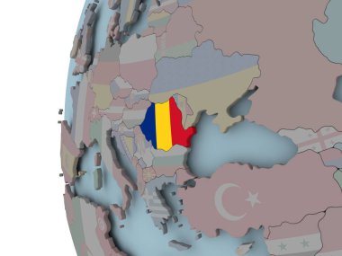 Romanya siyasi dünya üzerinde katıştırılmış bayrak ile. 3D çizim.
