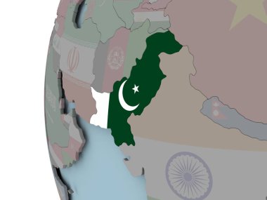 Pakistan siyasi dünya üzerinde katıştırılmış bayrak ile. 3D çizim.