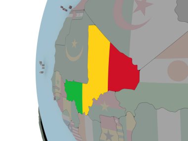 Mali siyasi dünya üzerinde katıştırılmış bayrak ile. 3D çizim.