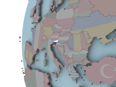 Slovenya ile siyasi dünya üzerinde katıştırılmış bayrak. 3D çizim.