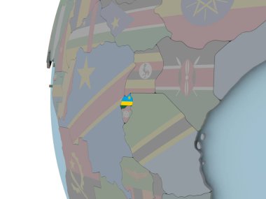 Siyasi dünya üzerinde katıştırılmış bayrağı ile Ruanda. 3D çizim.