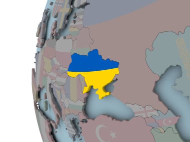 Ukrayna ile siyasi dünya üzerinde katıştırılmış bayrak. 3D çizim.