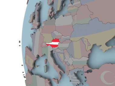 Avusturya siyasi dünya üzerinde katıştırılmış bayrak ile. 3D çizim.