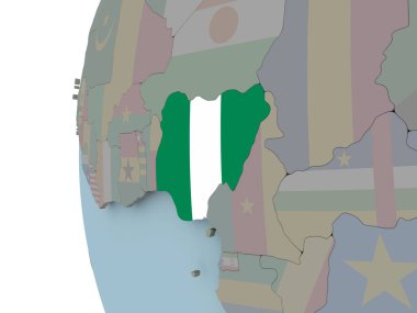 Nijerya siyasi dünya üzerinde katıştırılmış bayrak ile. 3D çizim.