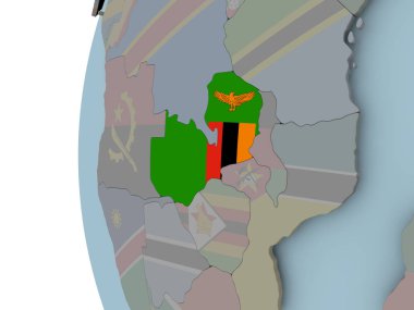 Siyasi dünya üzerinde katıştırılmış bayrak ile Zambiya. 3D çizim.