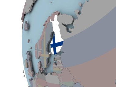 Finlandiya siyasi dünya üzerinde katıştırılmış bayrak ile. 3D çizim.