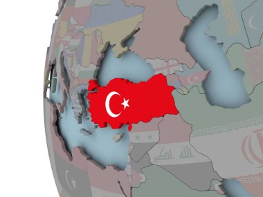 Türkiye siyasi dünya üzerinde katıştırılmış bayrak ile. 3D çizim.