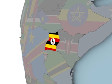 Uganda siyasi dünya üzerinde katıştırılmış bayrak ile. 3D çizim.