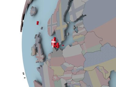 Danimarka siyasi dünya üzerinde katıştırılmış bayrak ile. 3D çizim.
