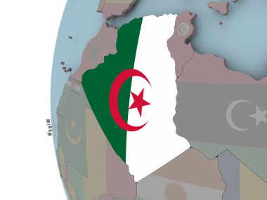 Cezayir siyasi dünya üzerinde katıştırılmış bayrak ile. 3D çizim.