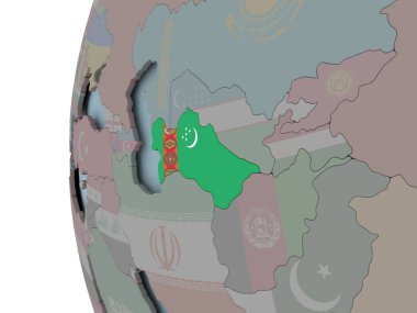 Türkmenistan siyasi dünya üzerinde katıştırılmış bayrak ile. 3D çizim.