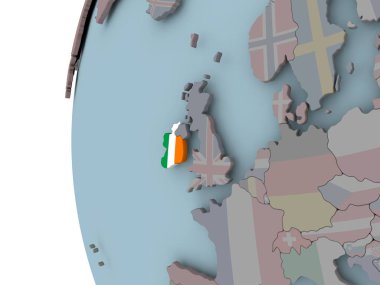 İrlanda siyasi dünya üzerinde katıştırılmış bayrak ile. 3D çizim.
